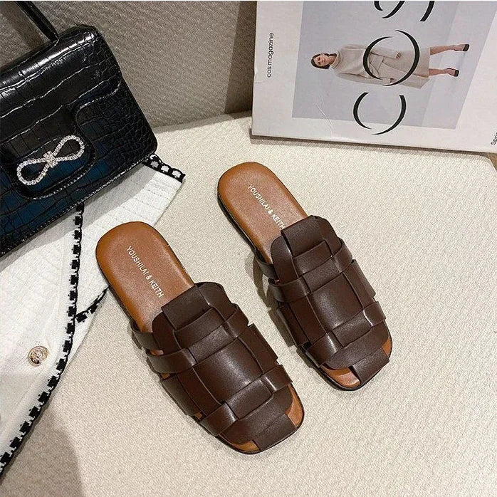Leather Shoes for Women Low Heel Sandals Mules Slides Outside Woman Slippers Round Toe Flat Designer Natural Skin B Trend Eva F