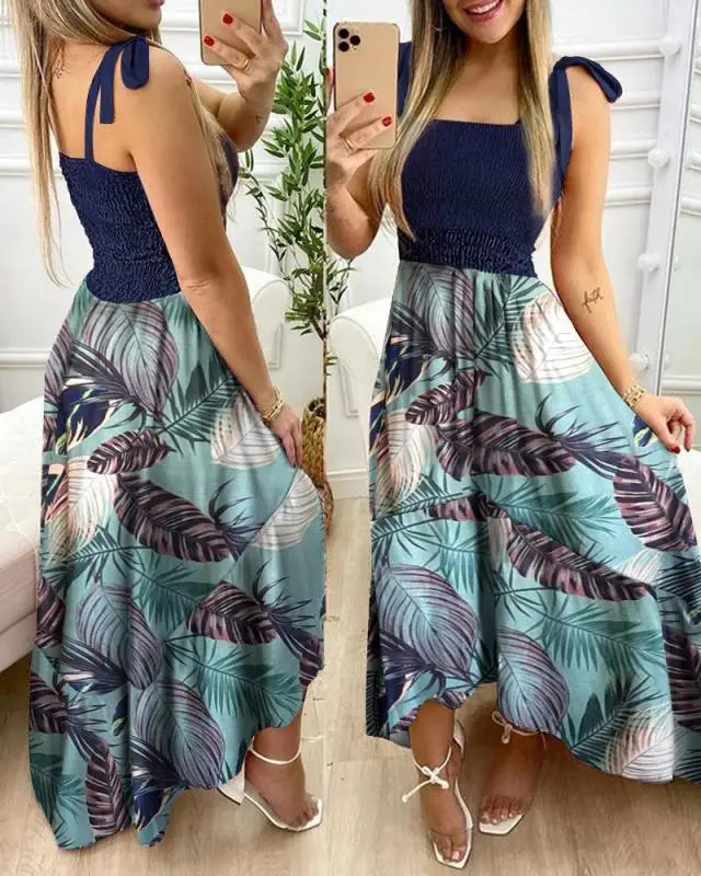 Summer Sexy Spaghetti Strap Floral Print Maxi Dress For Women Casual Elegant Chest Wrap Long Woman Beach Dress Holiday