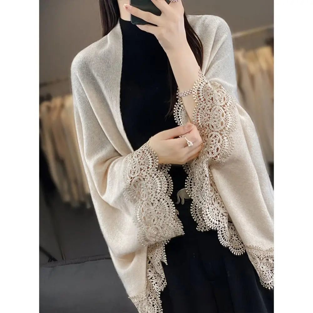 Fashion Women Wool Knitted Shawl Spring Autumn Breathable Lace Edge Scarf Skin Friendly Luxury Brand Design Cloak Shawl
