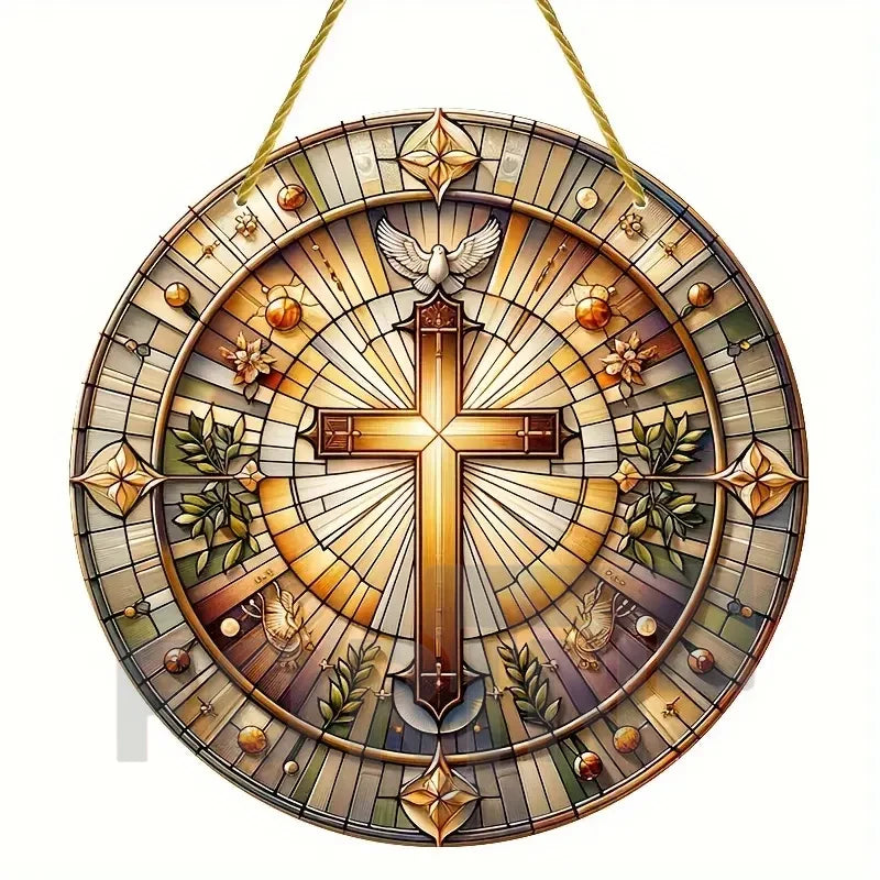 Cross Sun Catcher Acrylic Round Sign,Faux 3D Christianity Religious Pendant Plate,Home,Garden,Room,church,Holy Week&Easter Decor