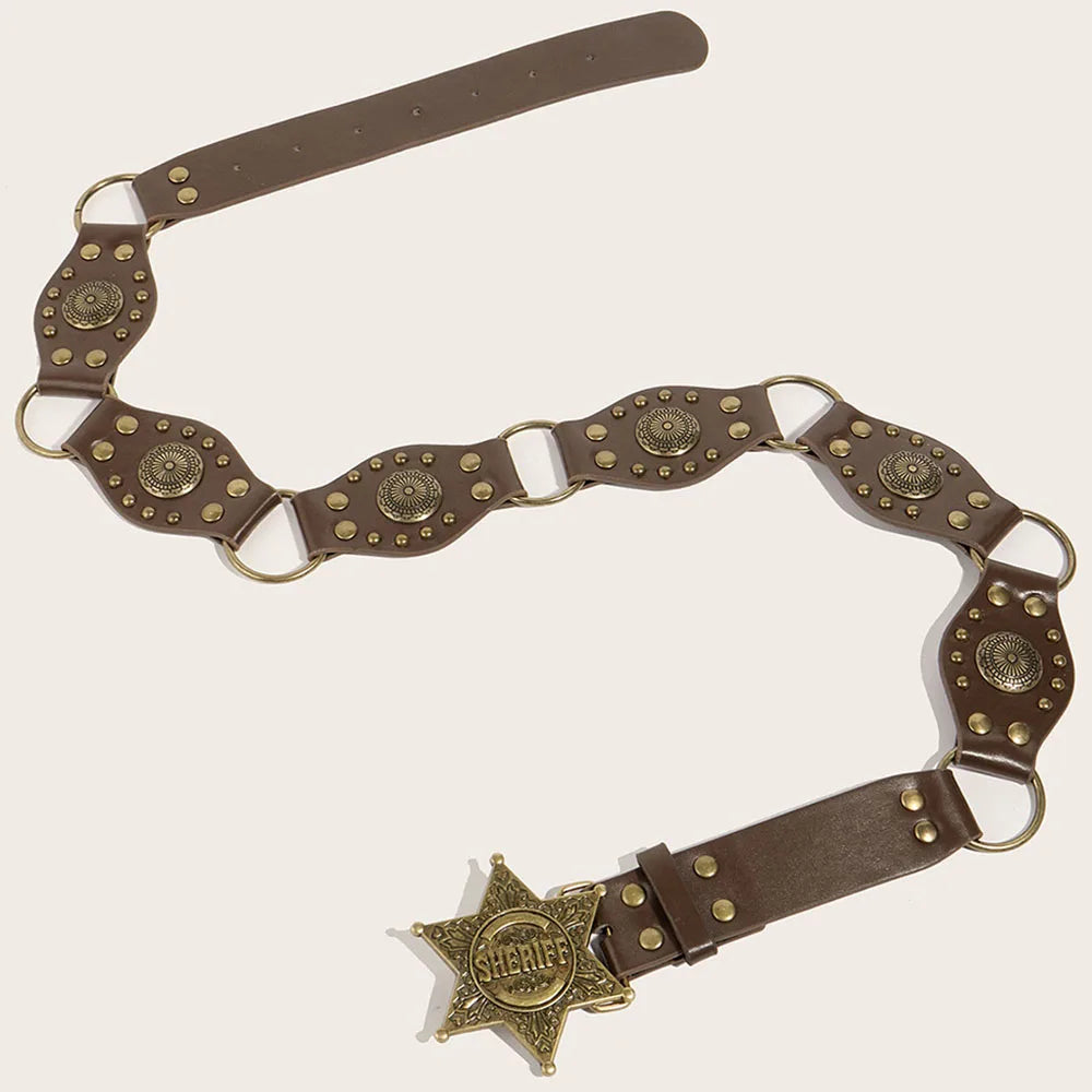 Vintage Circle Splicing Belts Cowboy Hollow PU Girdle Rivet Punk Metal Buckle Spice Girls Skirt Decoration Heavy Duty Wide Belt