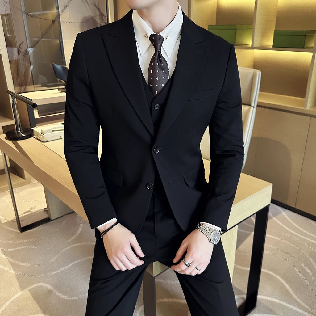 (Jacket + Vest + Pant) Men's Formal Slim Fit Business Work Wedding Stage Tuxedo Fashion Best Men Social Dress Suit 3 Pieces Set