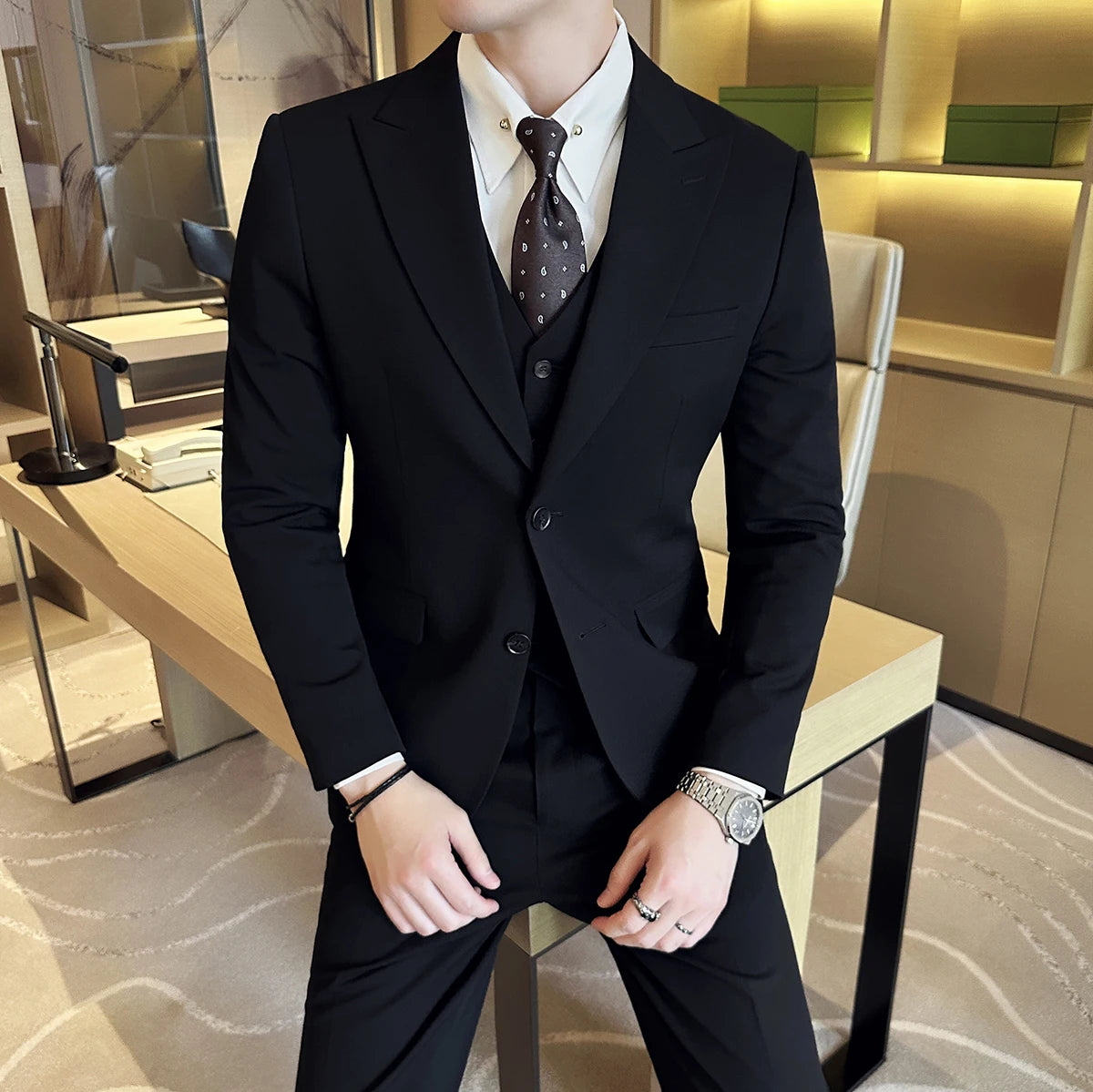 (Jacket + Vest + Pant) Men's Formal Slim Fit Business Work Wedding Stage Tuxedo Fashion Best Men Social Dress Suit 3 Pieces Set