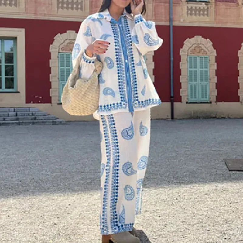 Loungewear Printing Two Pieces Sets, Women Spring Summer Cardigan Top Wide Leg Pants Outfit, Loose Turn-Down Collar Ladies Suits