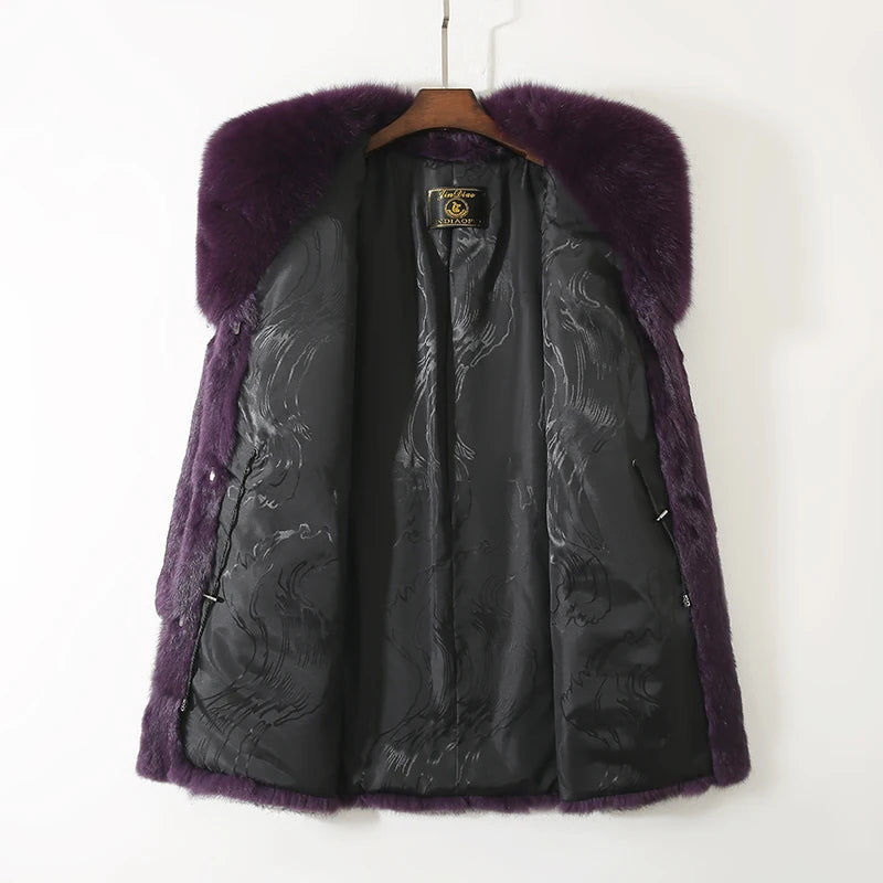 New 100% Real Natural  Whole Rabbit Fur Coat With Luxury Natural Fox Fur Collar Jacket Full Pelt Rabbit Fur Overcoat