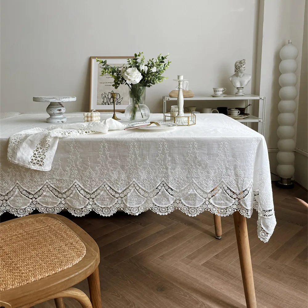 French White Lace Flower Embroidery Cotton Tablecloth for Wedding Party Decoration Table Cloth Luxurious Table Cover