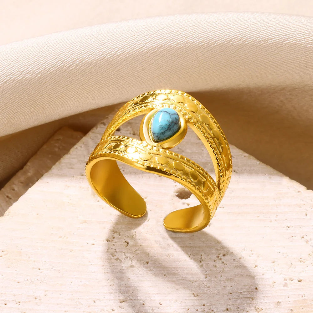 Stainless Steel Double Wide Rings For Women Trendy Aesthetic Gold Color Ring Vintage Natural Stone Hollow Jewelry Gift New In