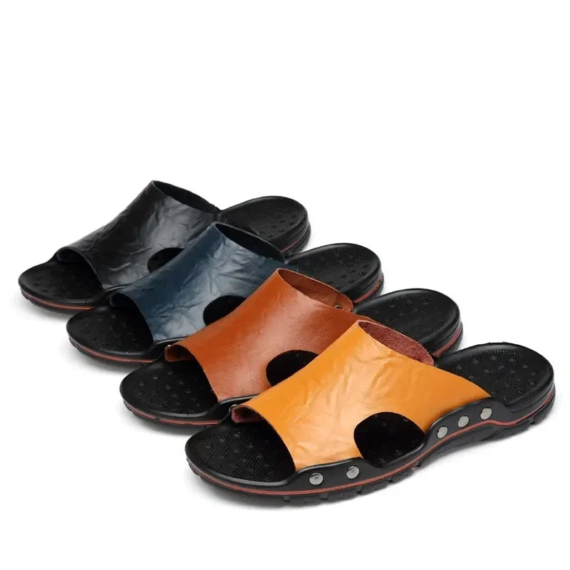 Summer Slippers New Men Sandals Soft Outdoor Slides High Quality Genuine Leather Comfortable Beach Sandals Outdoor Men Shoes