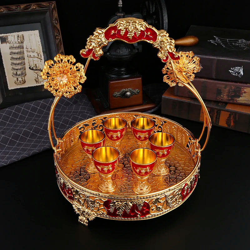 1 metal rose embossed wine set, 1 wine pot and 6 wine glasses and 1 basket, suitable for festivals, parties, banquet crafts.