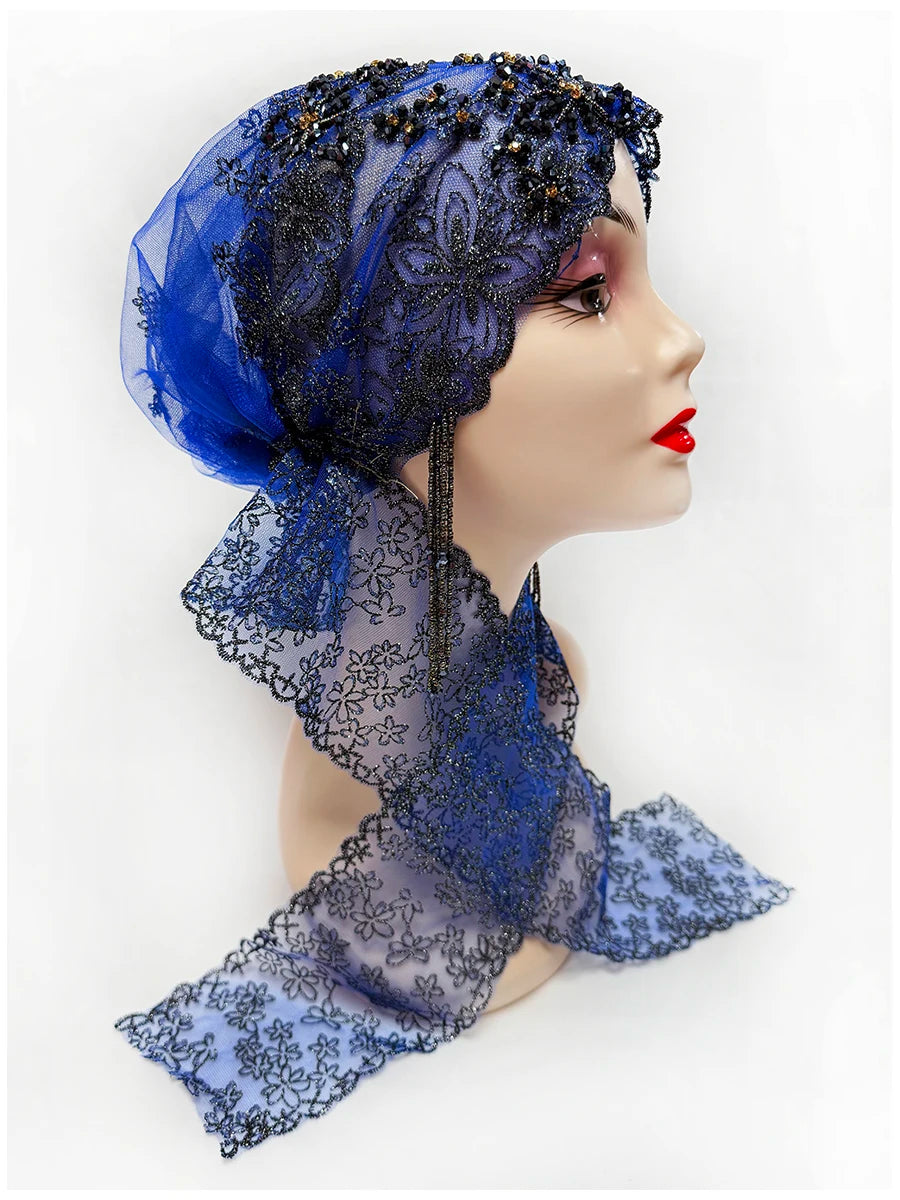 Explosive Head Cover Mesh Fabric Hand-Embroidered Hanging Beaded String acrylic Ribbon Hats Dubai New Muslim Arabic Worship Hat