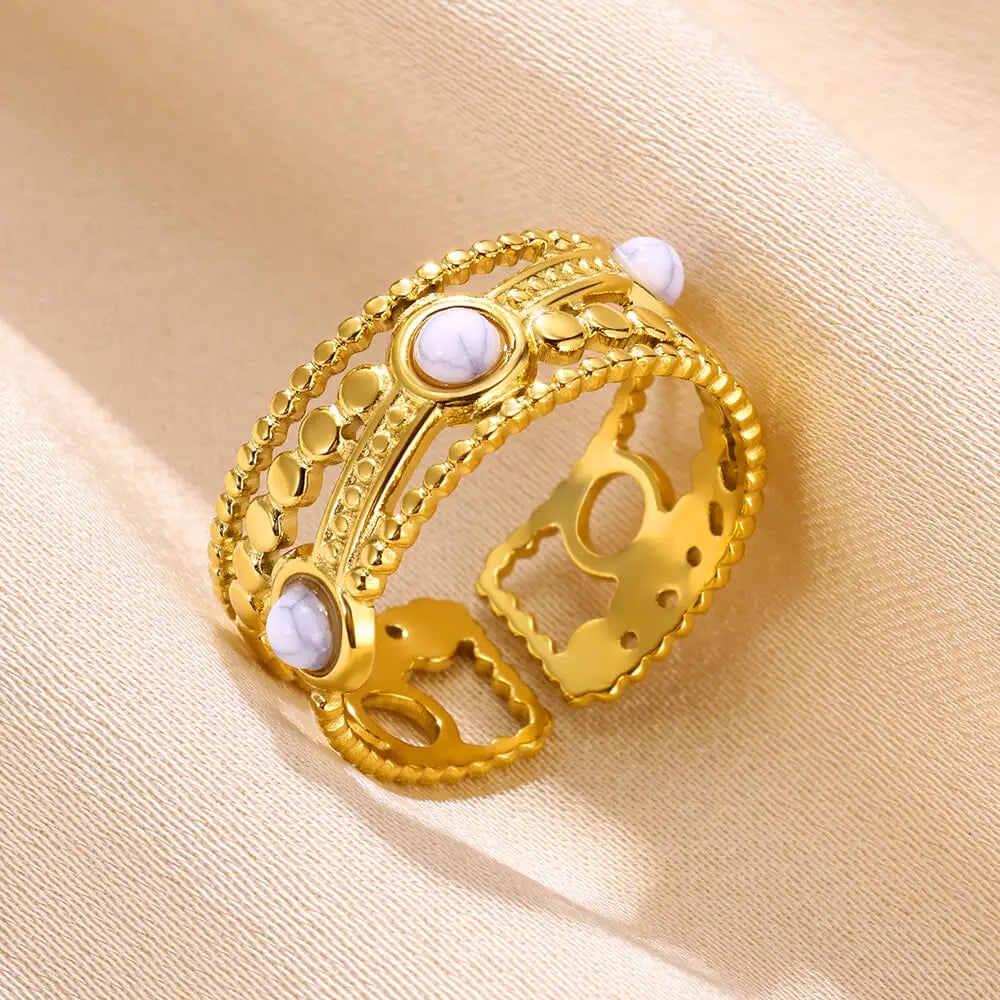 Stainless Steel Double Wide Rings For Women Trendy Aesthetic Gold Color Ring Vintage Natural Stone Hollow Jewelry Gift New In