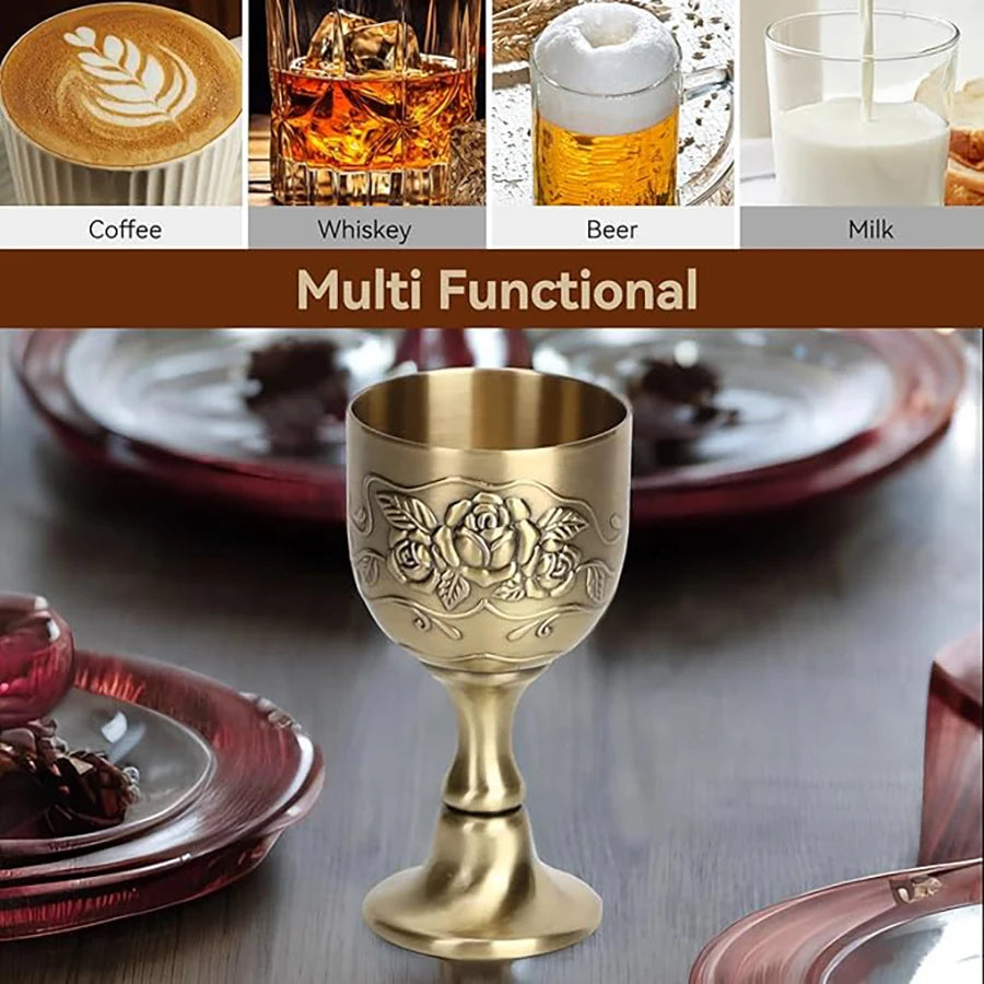 Vintage Goblet Flower Embossed Gold Communion Cup Copper Metal Wine Chalice Flower Embossed Shot Glasses Copper Metal Wine Cups