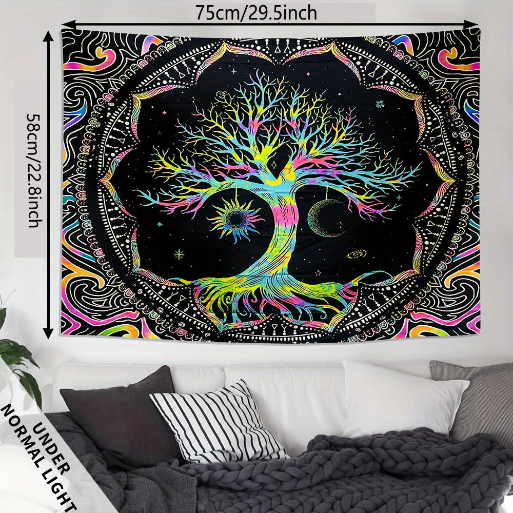 1Pcs 75x58cm Tree of Life Tapestry BlackLight Sun Moon Stars Galaxy Colorful Hippie Psychedelic Bedroom Dorm Decor Aesthetic