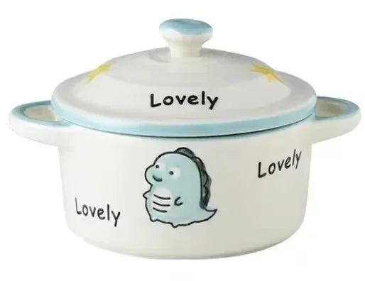 Ceramic Bowl Cartoon Double Ear Bowl with Lid Kid Food Supplement Bowl Ramen Bowl Salad Food Containers Microwave Oven Tableware