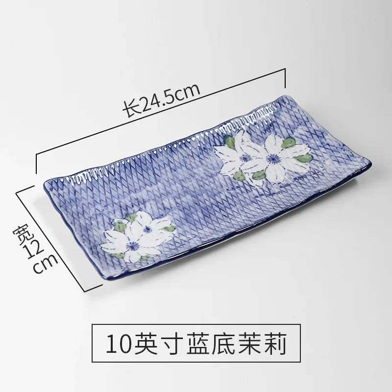 Plate Japanese Ceramic Tableware High Temperature Underglaze Color Hand-painted Tableware New Chinese Creative Rectangular