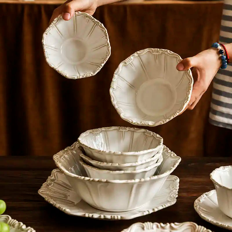 Vintage Ceramic Tableware Set Household Relief Pattern Breakfast Soup Bowl Restaurant High Quality Western Dessert Plates