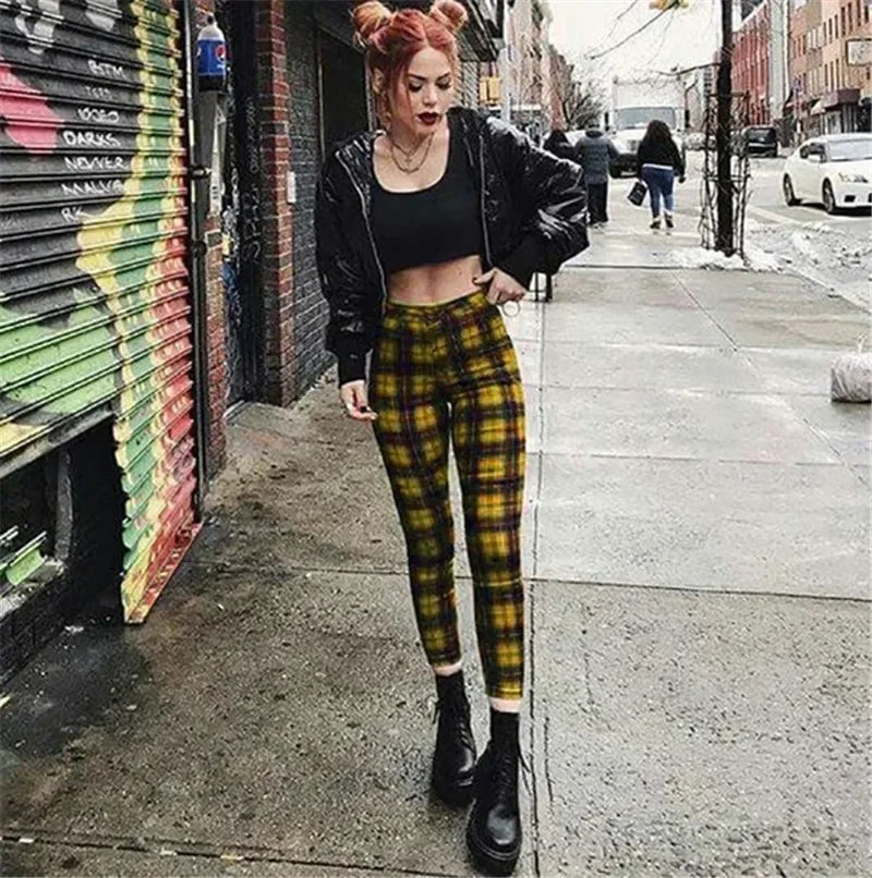 Lugentolo Women Plaid Pants Elasticity Fashion Leggings High-waist Casual Trousers Thin Summer Spring Street Long Pencil Cloth