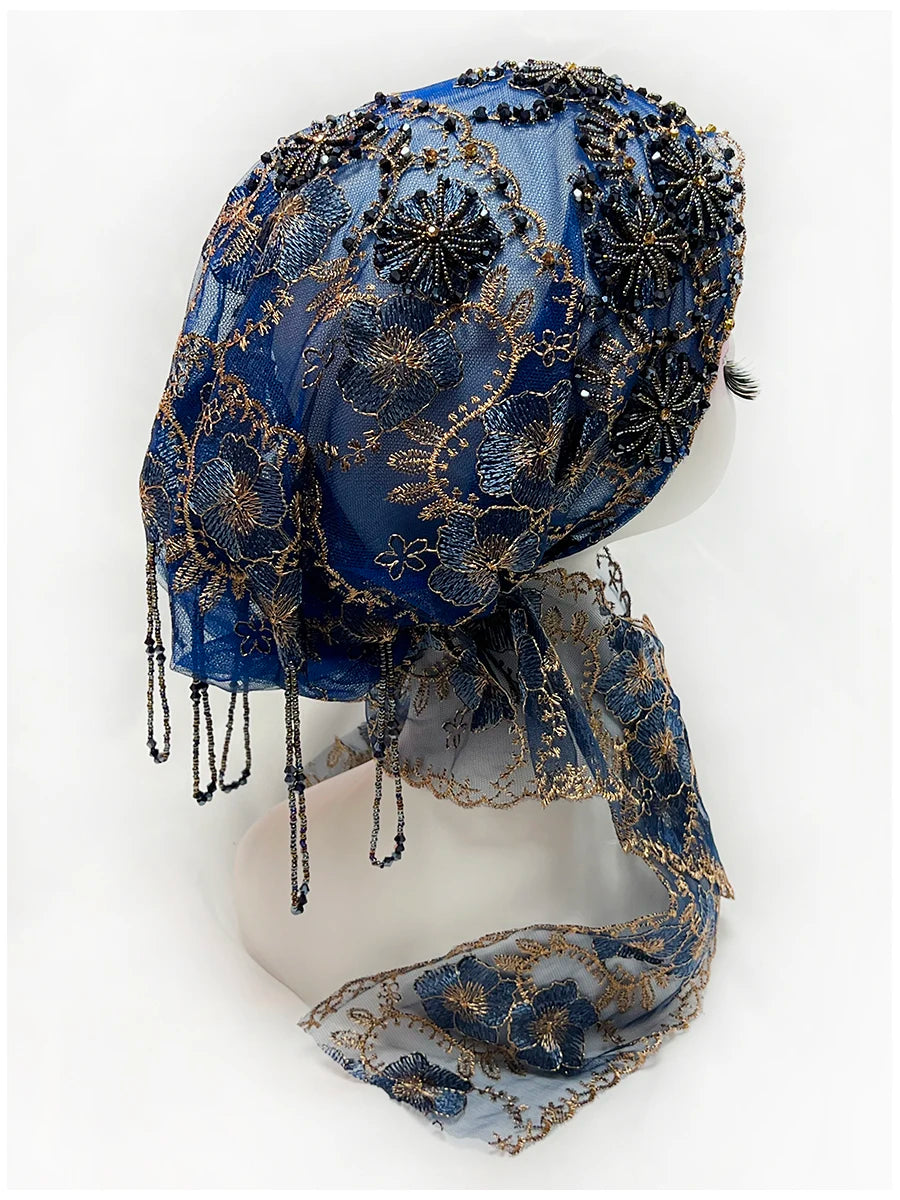 Explosive Head Cover Mesh Fabric Hand-Embroidered Hanging Beaded String acrylic Ribbon Hats Dubai New Muslim Arabic Worship Hat