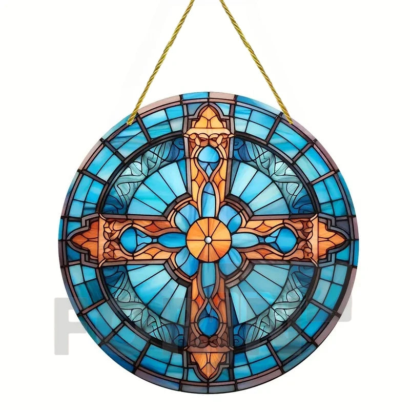 Cross Sun Catcher Acrylic Round Sign,Faux 3D Christianity Religious Pendant Plate,Home,Garden,Room,church,Holy Week&Easter Decor