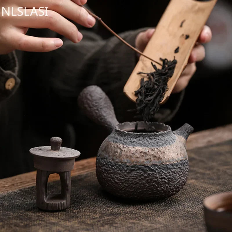Japanese Rough Pottery Stone Pattern Pot Side Handle Handmade Teapot Retro Ceramic Tea Set Pu'er Tea Maker Portable Tea Pot