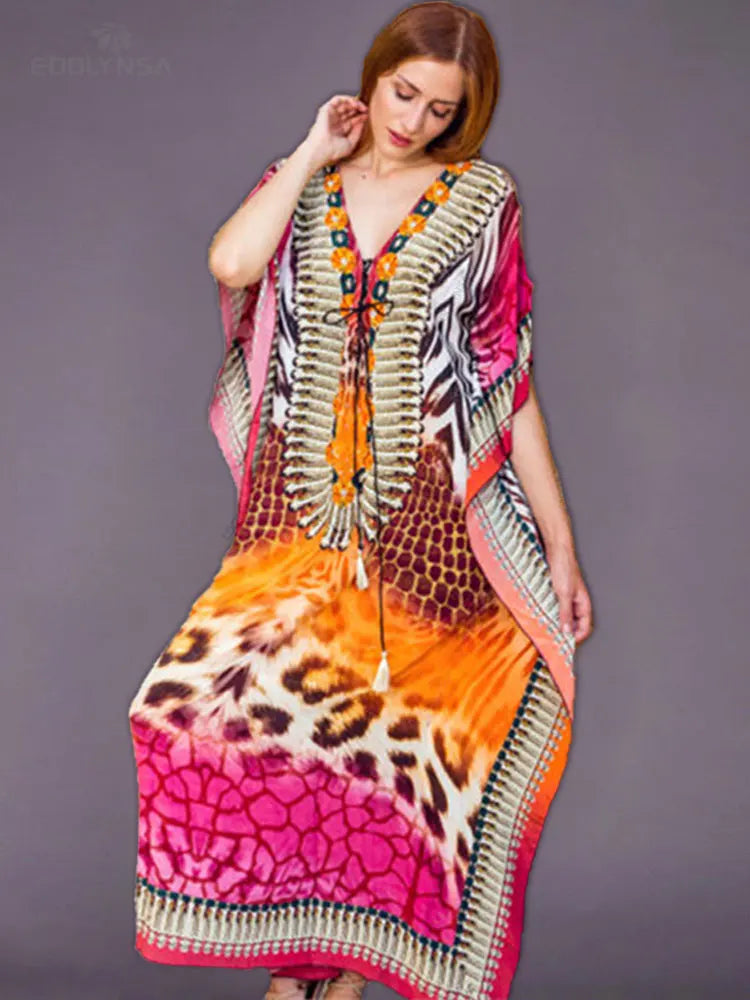 2025 Quick-drying Bohemian Printed Loose Summer Beach Dress Moroccan Kaftan Women Plus Size Beachwear Tassel Midi Dress Q897