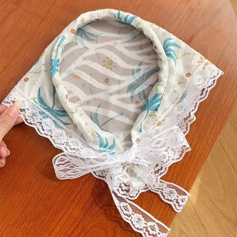 Red Woven Plaid Lace Hair Scarf Wraps Women Retro Triangle Headscarf Hat Travel Photo Headband Girl Hair Accessories