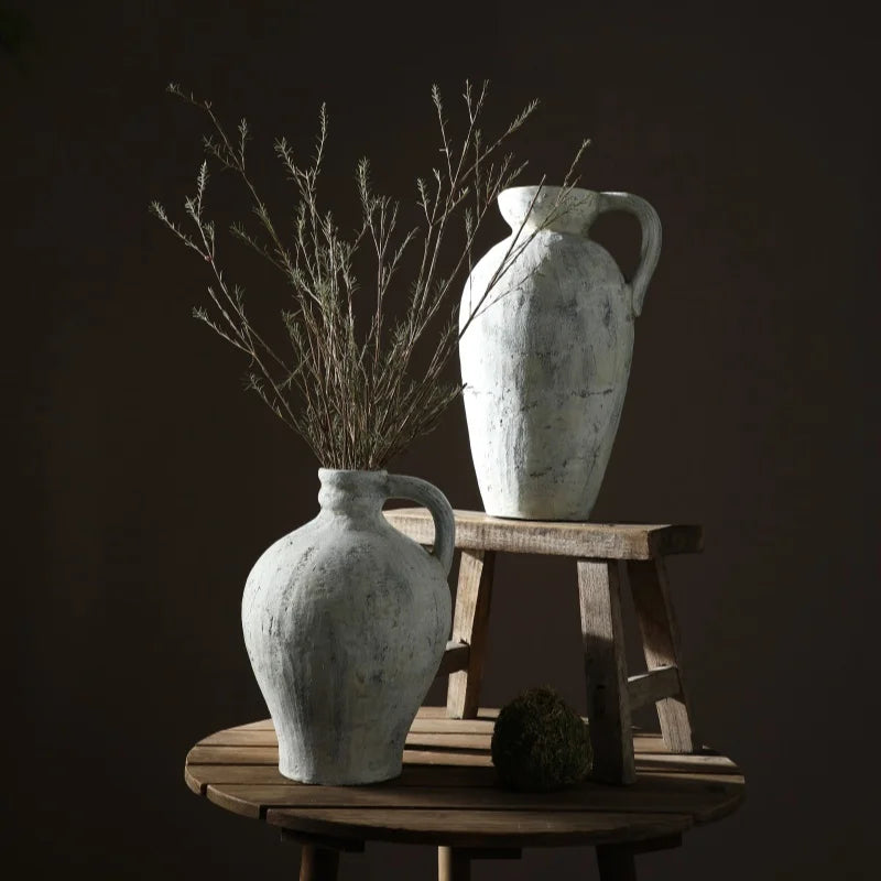 Vintage Coarse Pottery Vase Handmade Distressed Ceramic Vase 30.4cm Tall Entryway Home Decor For Dried Flowers Centerpiece Rusti