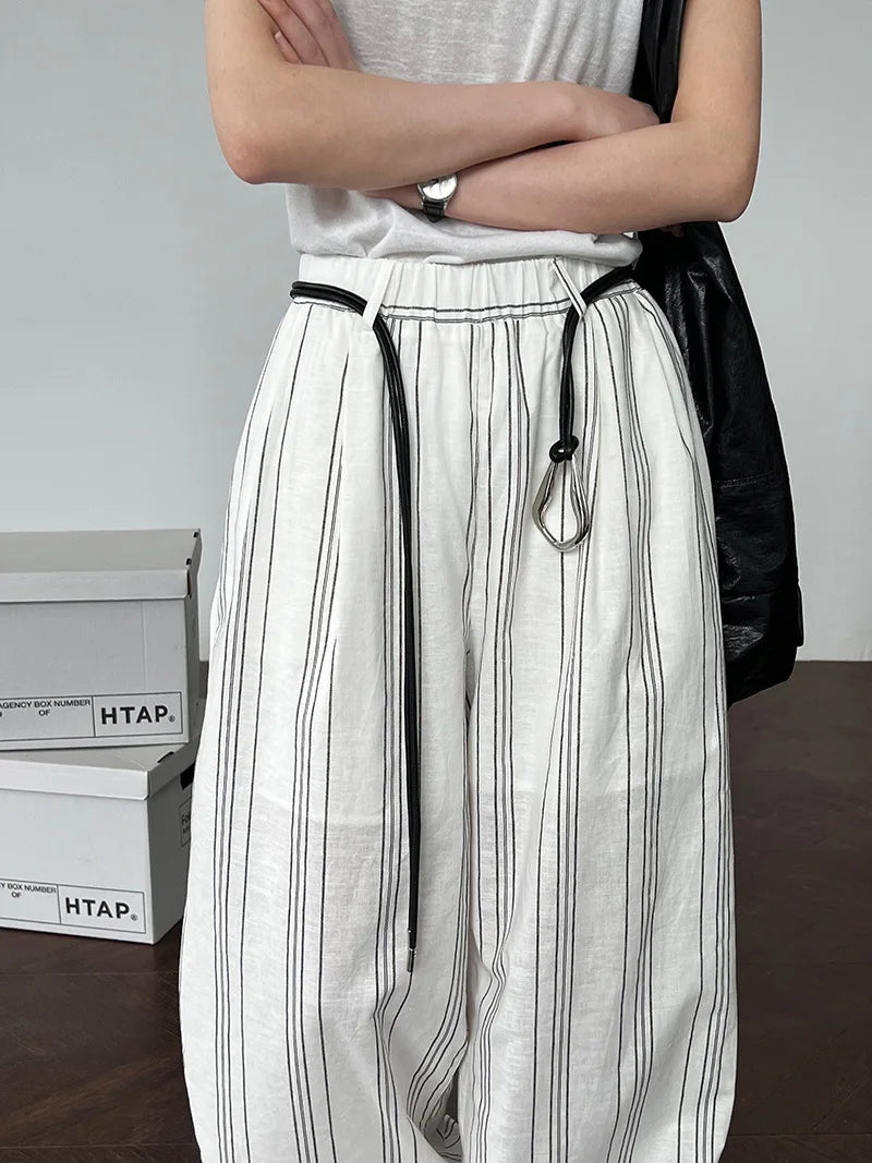 Cotton Linen Bohemian  Long Pant Old Money Style Striped Elastic Casual Pants Women Summer Waist Belt Lazy Wide Legs Pants