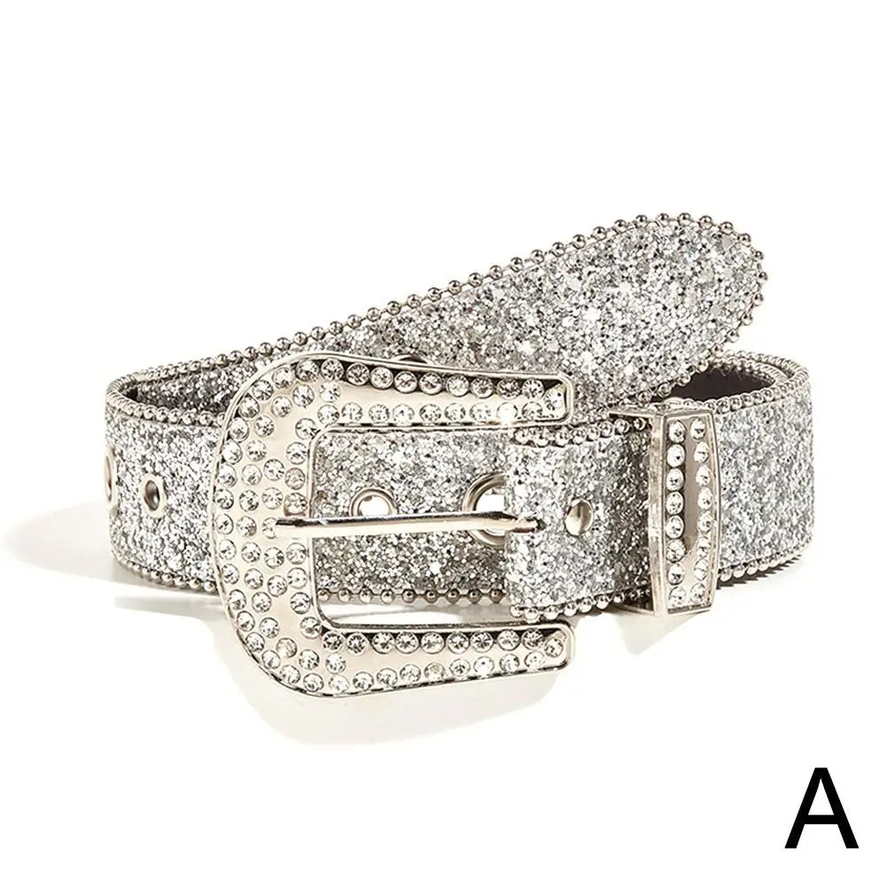 Skull Rivet Rhinestone Bb Belts Trendy Solid Color Sparkling PU Leather Belt Cowboy Cowgirl Jeans Pants Belt For Women Girls