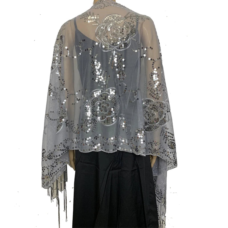 Glitter Sequins Shawls and Wraps for Evening Dresses Women's Mesh Wedding Cape Bridal Bridesmaid Shrugs Fringed Party Shawl