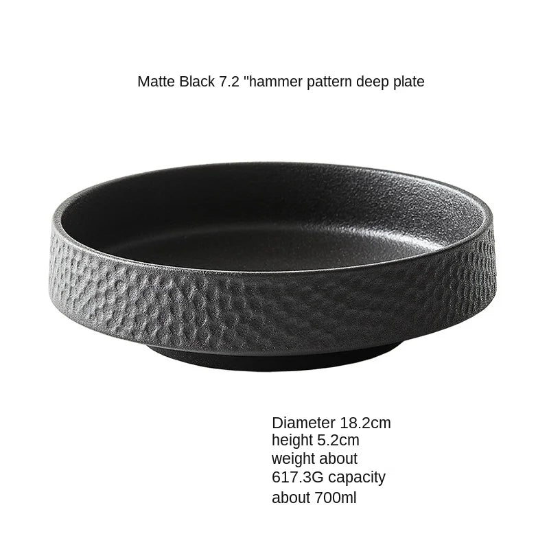 Anti-scratch Ceramic Salad Deep Plate Retro Rice Bowl Hammer Pattern Shallow Mouth Pasta Plate Western Restaurant Tableware