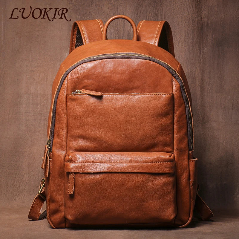LUOKIR Men's Vintage Genuine Leather Travel Backpack Women's Cowhide College Style School Bag Computer Bags For 15 Inch Laptop