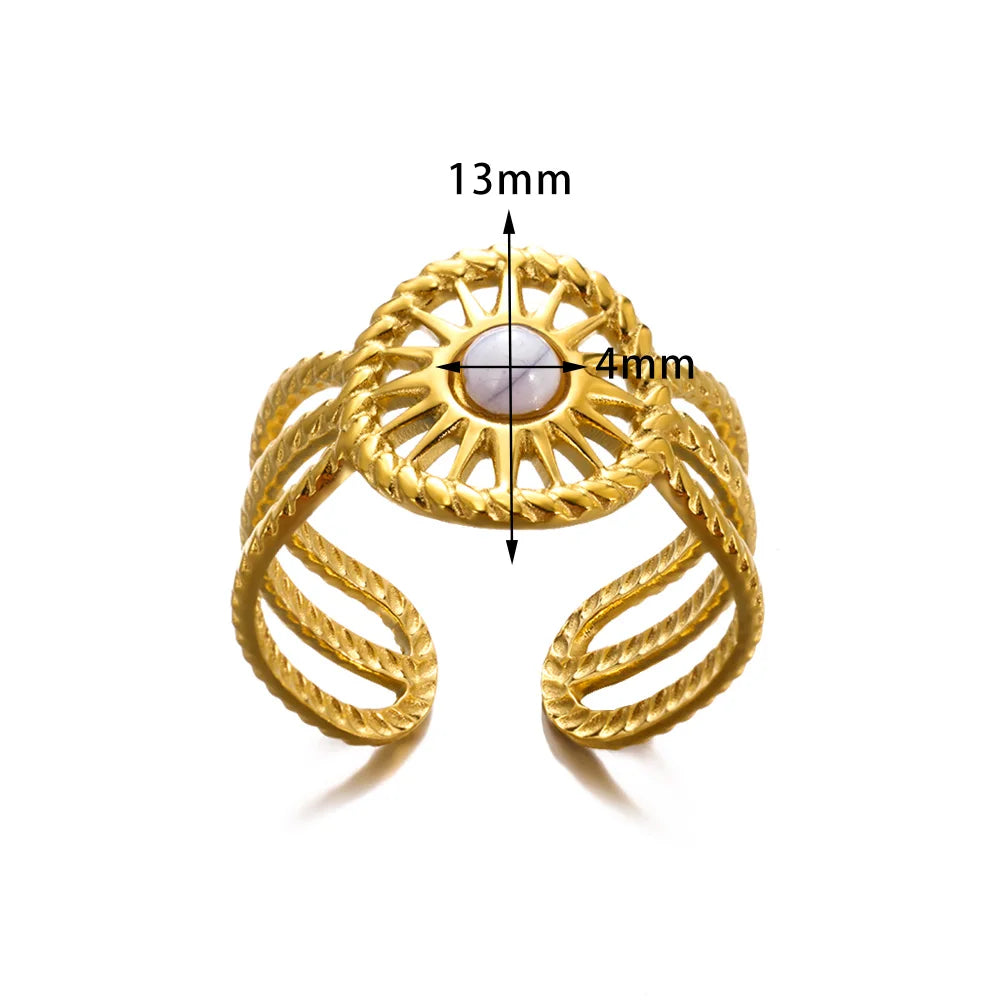 Round Sun Natural Stone Hollow Rings For Women Trendy Aesthetic Classic Gold Color Ring Vintage Stainless Steel Jewelry Gift New