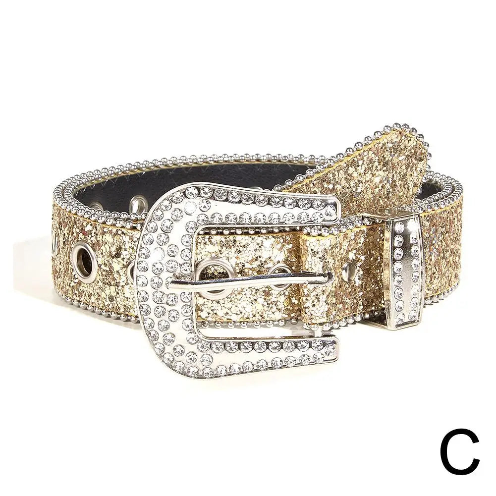 Skull Rivet Rhinestone Bb Belts Trendy Solid Color Sparkling PU Leather Belt Cowboy Cowgirl Jeans Pants Belt For Women Girls