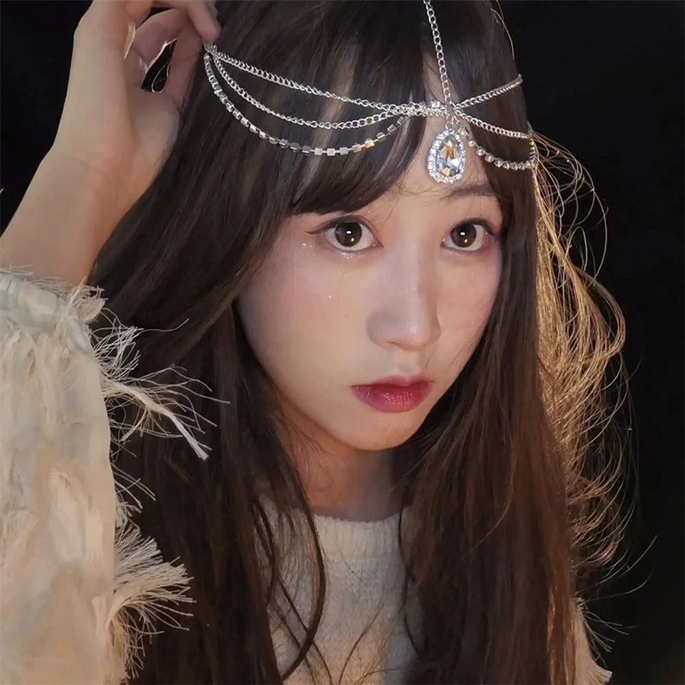 Crystal Forehead Eyebrow Pendant Headwear European American Bride Water Drop Hair Head Chain Bohemian National Head Styling Tool