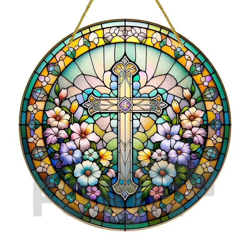 Cross Sun Catcher Acrylic Round Sign,Faux 3D Christianity Religious Pendant Plate,Home,Garden,Room,church,Holy Week&Easter Decor