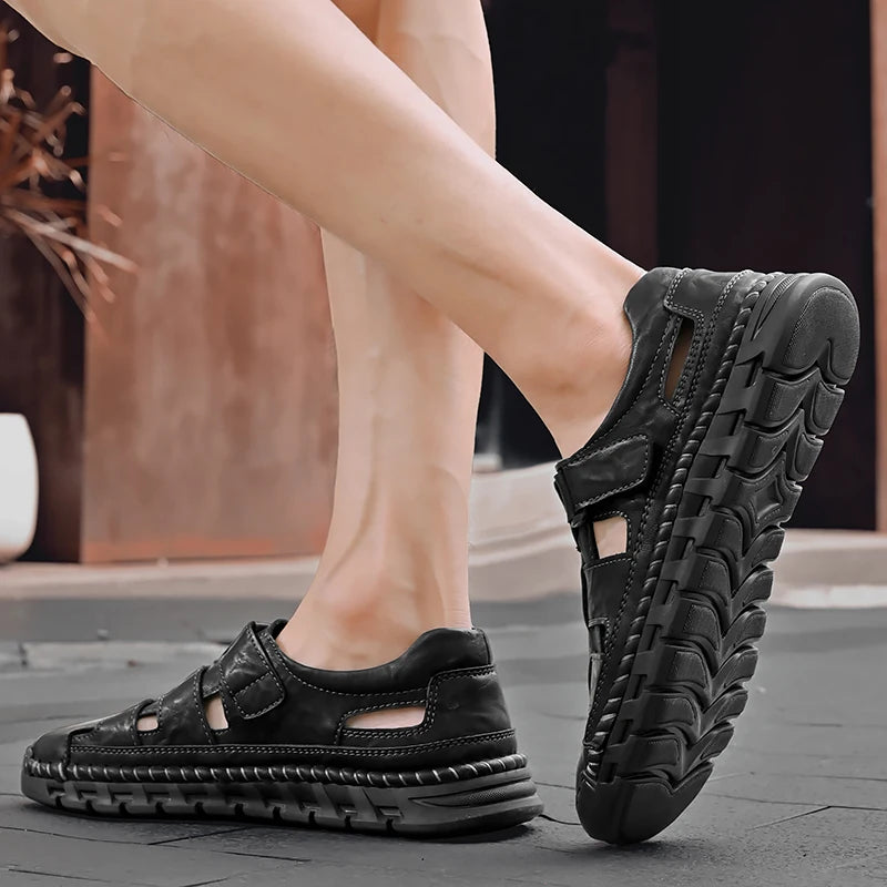 Summer Men Genuine Leather Outdoors Sandals Casual Leather Hollow Soft Bottom Breathable Soft Sole Shoes Classic Fashion Sandals