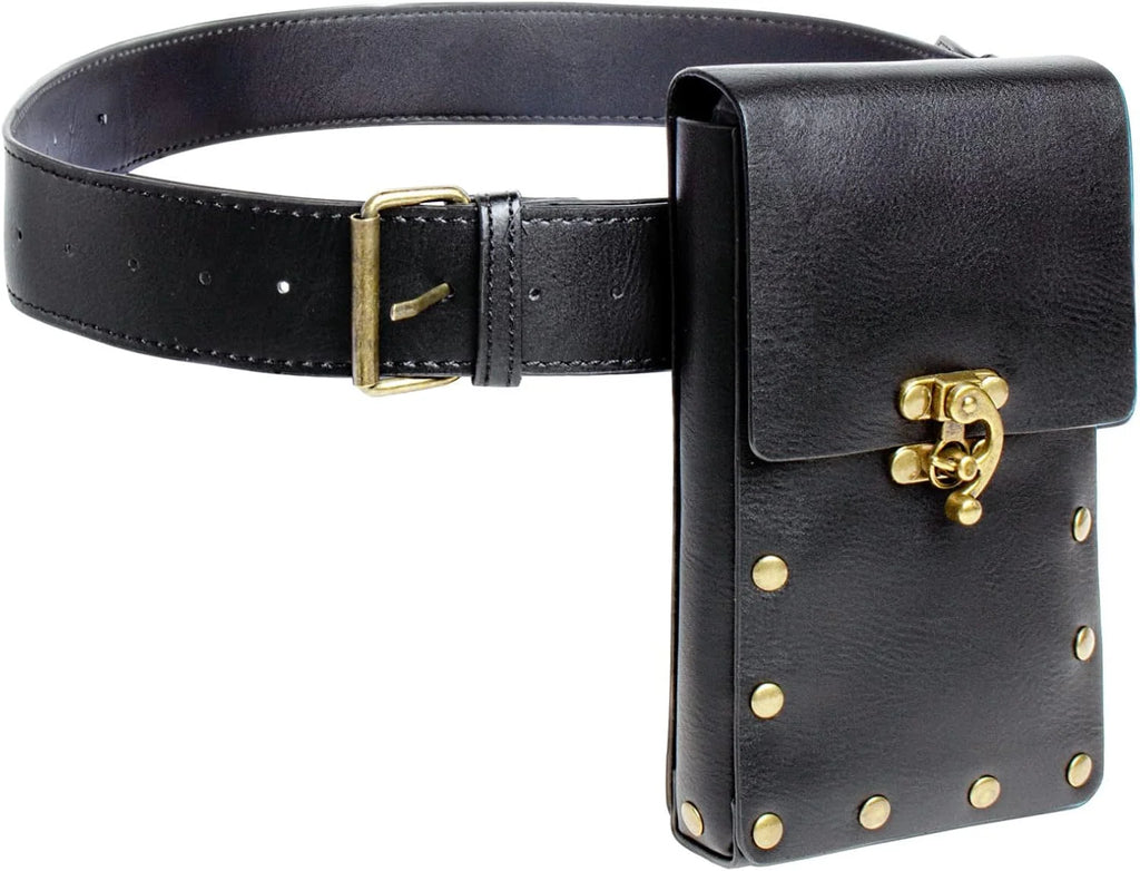 Black Medieval Leather Belt Brave Knight Retro Copper Coin Waist Bag Gold Hardware Skirt Clip Cosplay Role-playing Props Belt