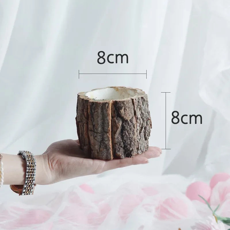 Wooden Plant Pot Vintage Round Table Decorative Style Wooden Flowerpot Fake Tree Bark Succulent Plants Creative Container