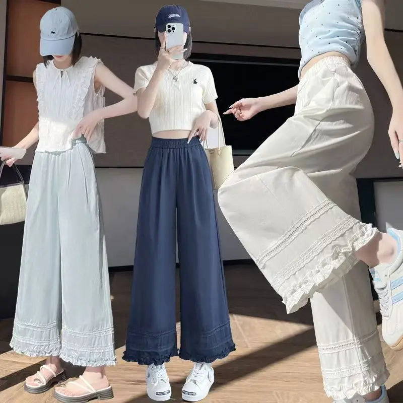 Lace Lace Spliced high-waist Wide-leg  New Loose Thin Sun Protection Casual Straight-leg Pants