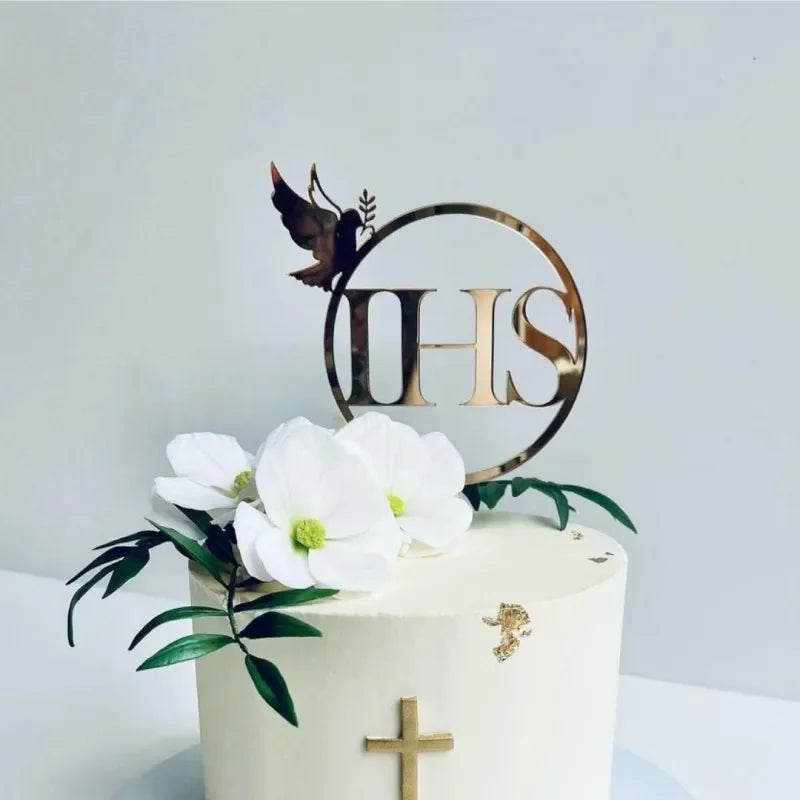 Cross Christ Jesus Birthday Cake Topper Gold Acrylic Dove Cross for Eucharist Baby Baptism Party Cake Toppers Dessert Decoration