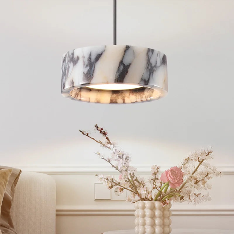 Luxury Black Round Natural Stone Pendant Lamp High-end Bedroom Bedside LED Chandelier Living room Decoration Home Hanging Lights