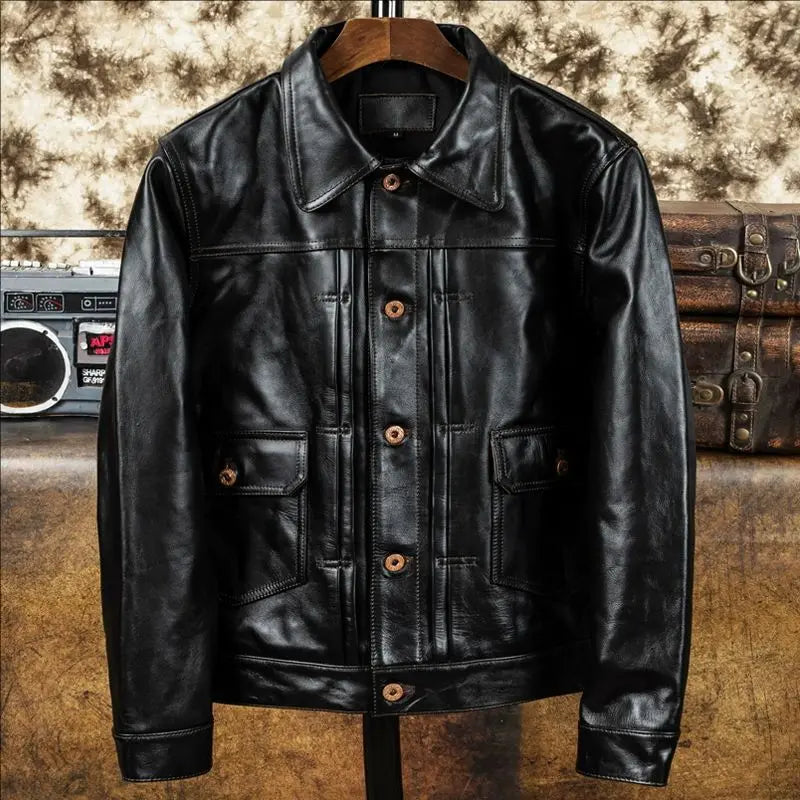 CC Shop Best.Classic American work leather jacket.Tea core Horsehide.Mens 100% natural leather coat.Vintage Denim 506 cloth