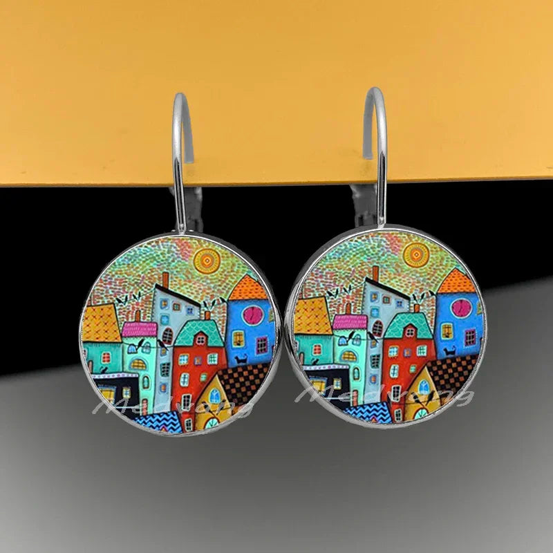 2024 Natural Scenery Earrings beautiful village Women Stud Earring  Abstract Oil Painting House Glass Cabochon Earrings  jewelry