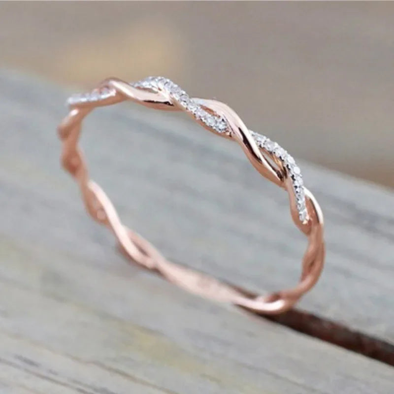 Simple Stylish Women Thin Rings Fancy Twist Band Shiny Crystal Cubic Zircon Rings Daily Wear Versatile Jewelry Minimalist Gift