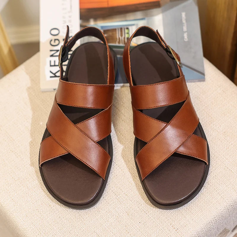 Summer Men's Leather Sandals Non-Slip Anti-Odor Beach Shoes First Layer Cowhide Outer Wear Casual Tpr Sandals Men's Wholesale