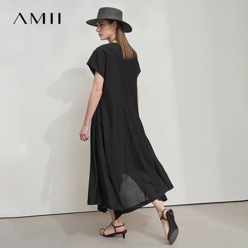 Amii Minimalist Women's Short Sleeved Dress 2025 Spring New Solid Irregular Loose Elegant H Shaped Commute Long Dress 12541134