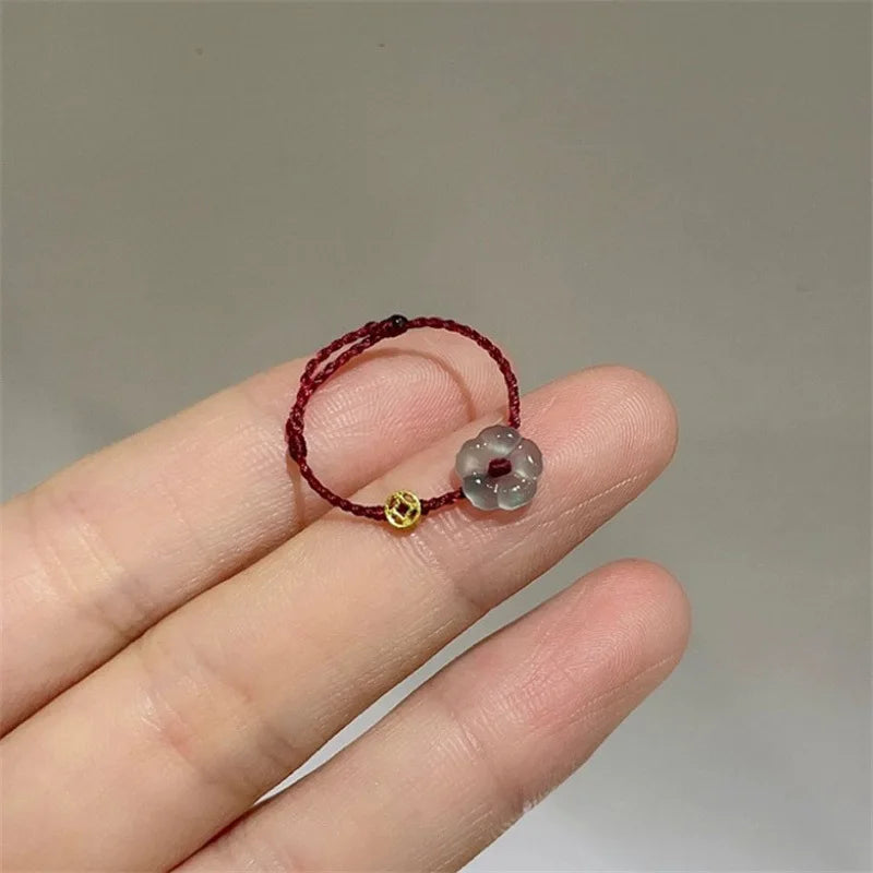 Cute Wine Red/Black Adjustable Woven Rope Ring Lovely Flower Coin Wealth Rings Creative Minimalist Women Finger Rings Jewelry