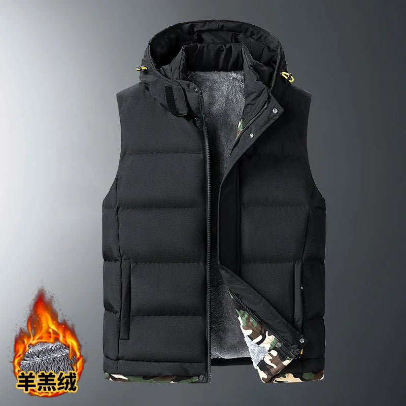 Big Size Men's Padded Vest Hooded Zip-up Fleece lined Sleeveless Jacket Male Winter Thick Warm Brushed Work Hiking Plus 9XL 10XL