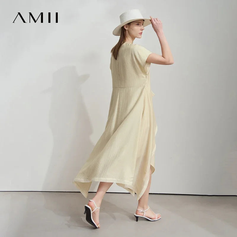 Amii Minimalist Women's Short Sleeved Dress 2025 Spring New Solid Irregular Loose Elegant H Shaped Commute Long Dress 12541134